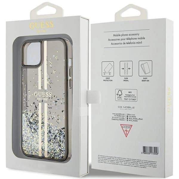 Guess Liquid Glitter Gold Stripes-deksel til iPhone 15 Plus / 14 Plus - svart