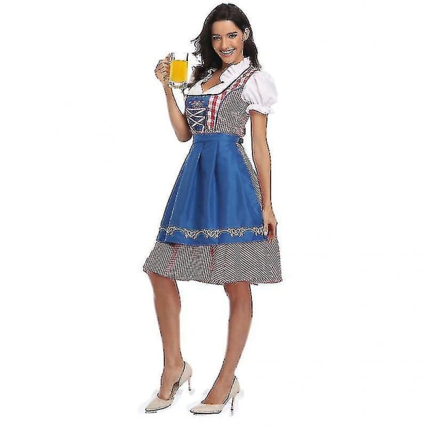 Høykvalitets tradisjonell tysk pledd Dirndl-kjole Oktoberfest-kostymeantrekk for voksne kvinner Halloween Fancy Party Style2 Blue XXXL