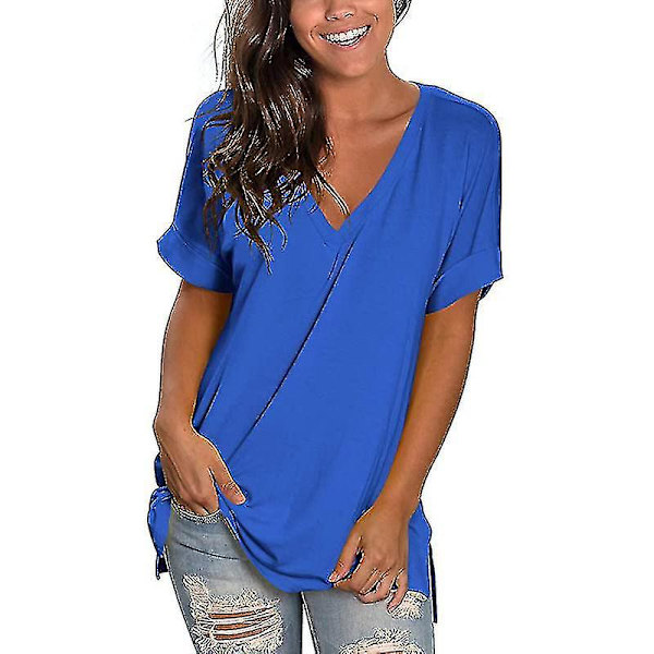 Dame T-skjorte Sommer Topper 2022 Sommer V-hals Løstsittende Casual Black L