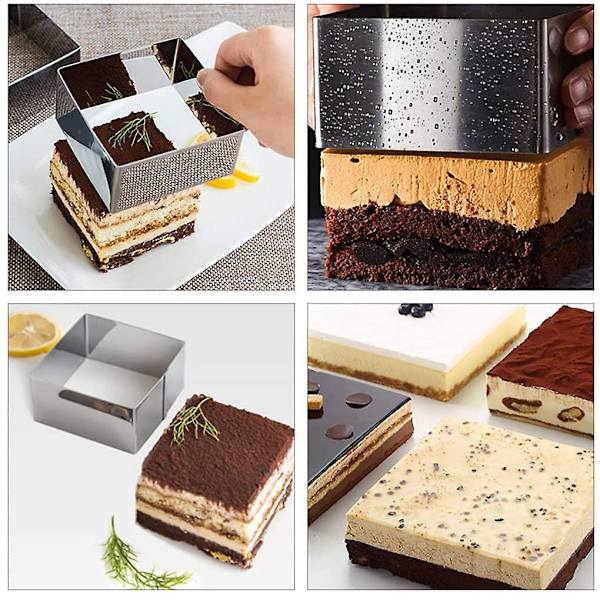 Sæt af 3 Kageforme Ringe, Kvadratisk Mousseform Rustfrit Stål Kagering Non-stick Dessert Ring Fortid