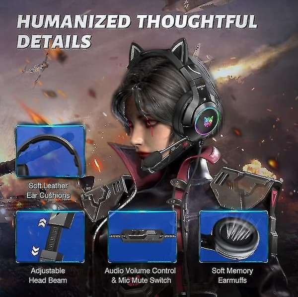 Gaming Headset with Gel Cat Ears Compatible with Xbox One, Ps4, Ps5, Pc (Black)