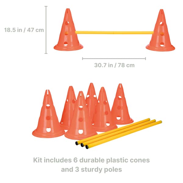 6 Cone Obstacle Kit - 3 Bars - Variable Height Adjustment: 6 cm / 13.5 cm / 20 cm - Orange/Yellow - 32091
