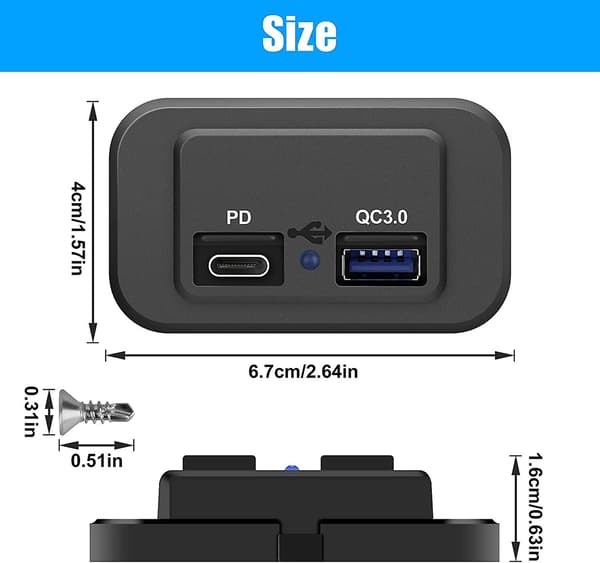 2 stk 12v USB-uttak, doble hurtiglading 3.0 12v uttak USB-lader og Pd Type-c (usb C), 12v 24v USB-lader vanntett strømadapter billader