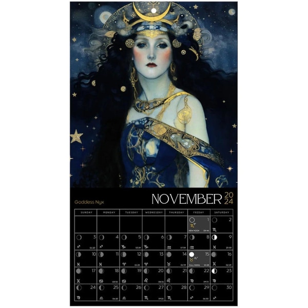 Dark Goddess 2024 Kalender Black Moon Phase Vægkalender Bohemian Gothic Pagan Room Calendar