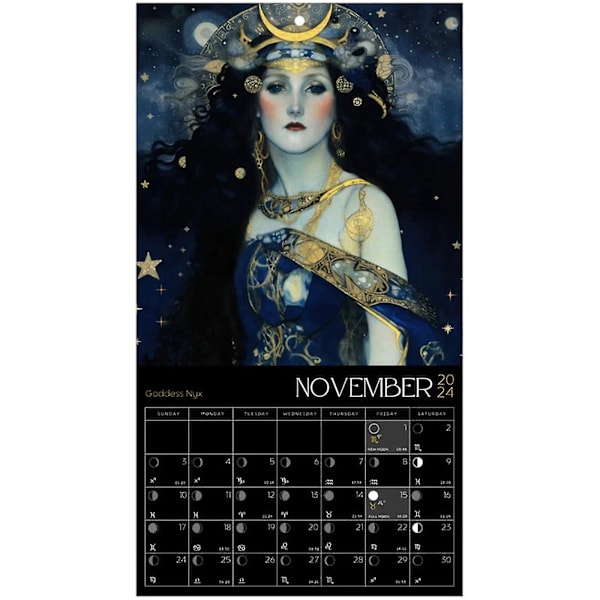 Dark Goddess 2024 -kalenteri Musta Kuun Vaihe Seinäkalenteri Bohemian Gothic Pagan Huonekalenteri