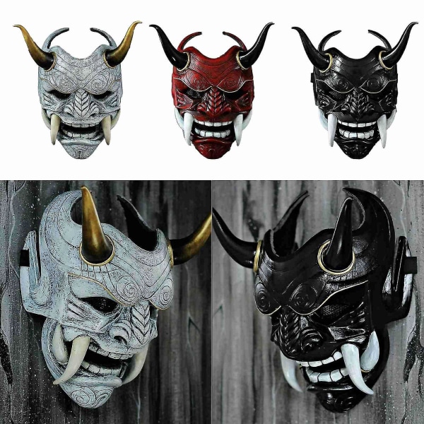 Timubike Hannya Demon Mask Japanilainen Oni Samurai Noh Kabuki Punainen Prajna Lateksi Maskit Aikuisten Unisex Halloween Cosplay Tarvikkeet Black