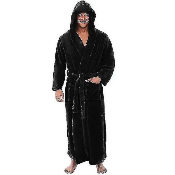 Flanellimies, jossa hupullinen, paksu lämmin puku, kylpytakki, erittäin pitkä kimono Black XXL