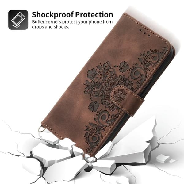Samsung Galaxy S26 5G Case with Flower Embossing - Leather Case Brun