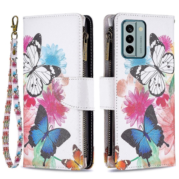 Nokia G22 Bf03 vetoketjutaskulle nahkaiselle phone case kuviotulostus cover Taitettava jalustan kansi Two Butterflies