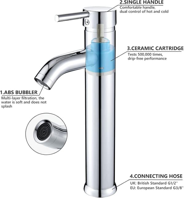 Adjustable Hot and Cold Water Faucet, Easy-Control Basin Mixer Chrome-Plated Surface Single Handle One Hole