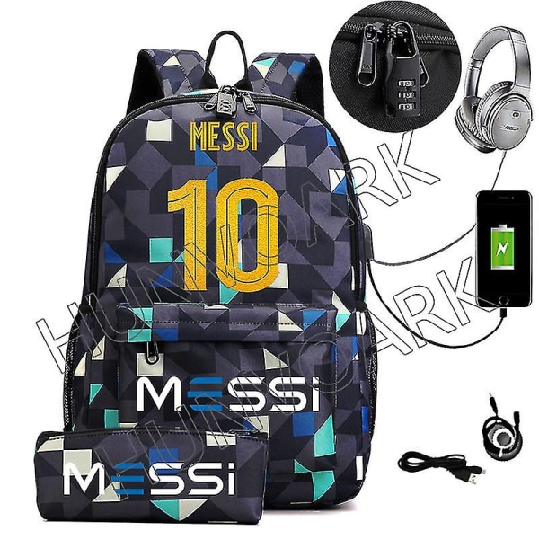 Messi Vattentät Ryggsäck USB-Laddning Casual Reseryggsäck Kvinnor Män Stor Kapacitet Resa Laptop Ryggsäck Skolväska Gold