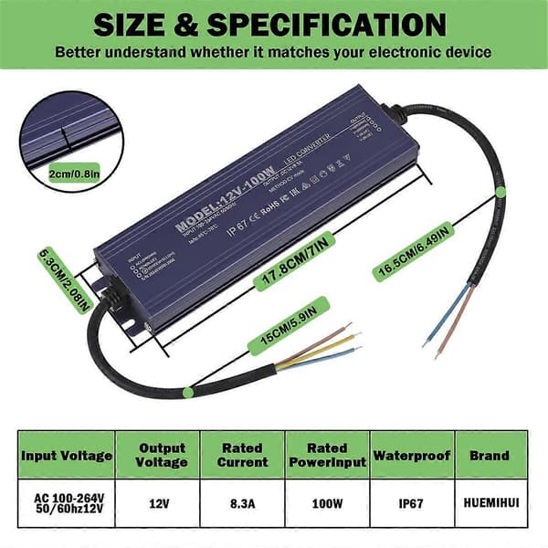 LED-driver IP67 vanntett 12V 8.3A 100W strømforsyningstransformator