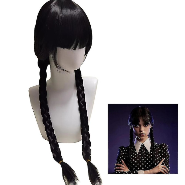 4-9-vuotiaille tytöille Wednesday Addams -cosplay-asusetti karnevaaliin ja juhliin / mekko/peruukki/mekko+peruukki lahjoina Only Wigs 8-9 Years