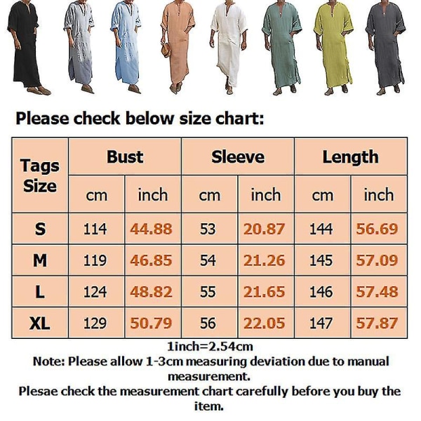 Mænd arabisk muslim lang robe tøj Casual mellemøstlig islamisk Thobe Kaftan robes Blue XL