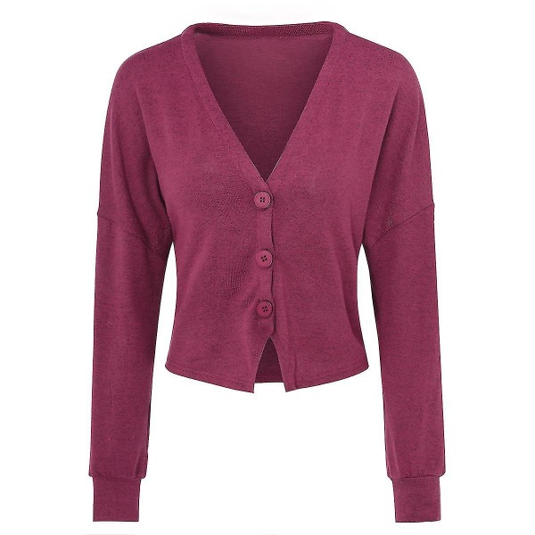 Bomuld Dame V-hals Mode Design Løstsiddende Ensfarvet Casual Cardigan 15 Farver Rose Red 3XL