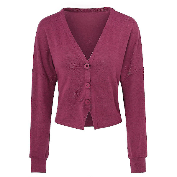 Bomullsdamtröja med V-ringning, löst sittande, enfärgad, casual, 15 färger Rose Red L