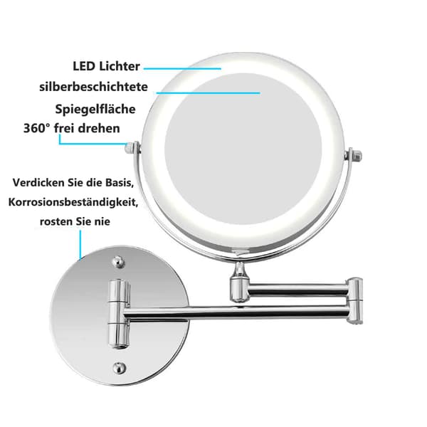 Elegant Chrome Wall-Mounted Makeup Mirror, 10X Magnifying Double-Sided LED-Illuminated Makeup Mirror for Bathroom with 7 Inch Extendable Arm and USB