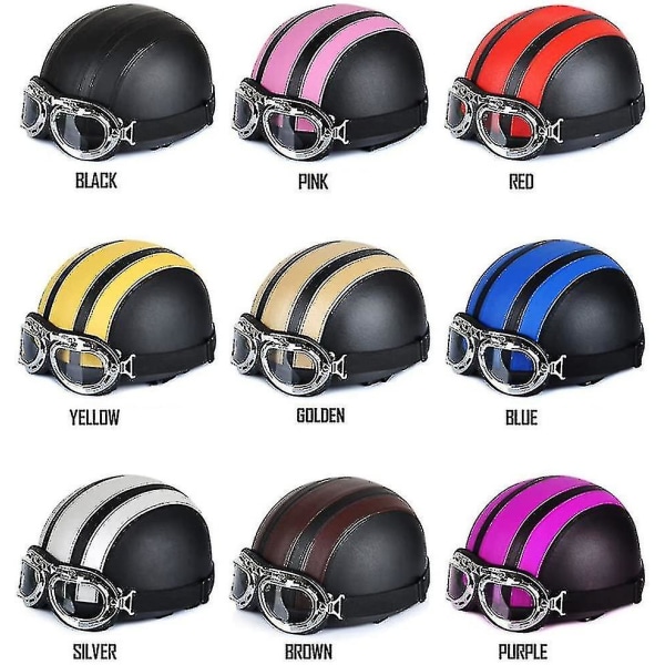 Motorcykel scooter åben læderhjelm med halvt ansigt med anti-uv briller retro vintage stil 54-60 cm pink