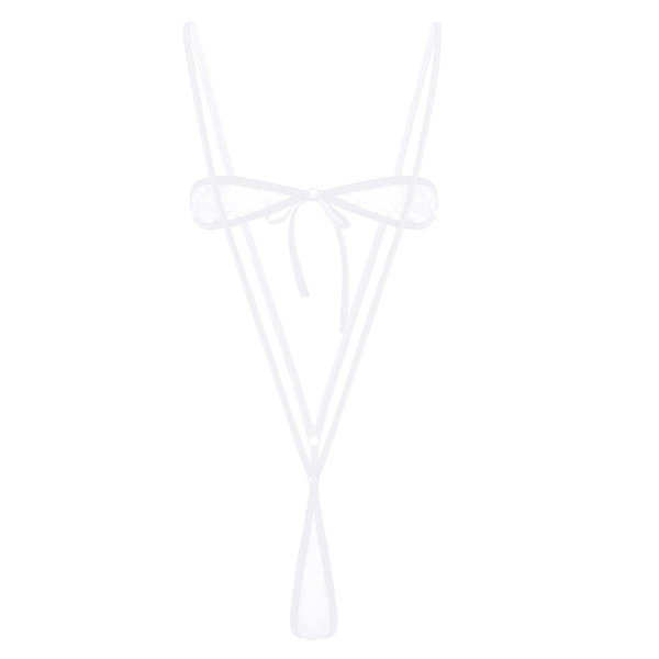 Dam Erotisk Sexig Micro Mini G-string Tanga Bikini Bodysuit Transparent Spets Lingerie Set Axelbandslös BH Topp Suspender Byxor Botten White