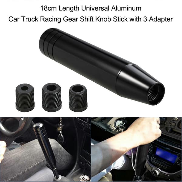 Sort 18 cm lang universal gearknop i aluminium til bil og lastbil med 3 adaptere