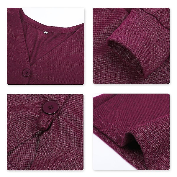Bomuld Dame V-hals Fashion Design Løs ensfarvet Casual Cardigan 15 farver Burgundy XL