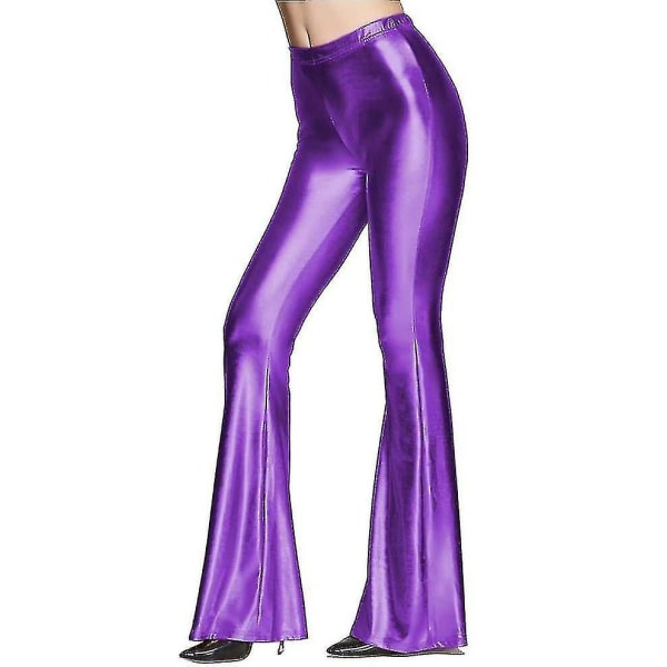 Naisten 70-luvun merenneito kiiltävä metallinen flare jalkahousut Hippie metallihousut joogahousut Purple L