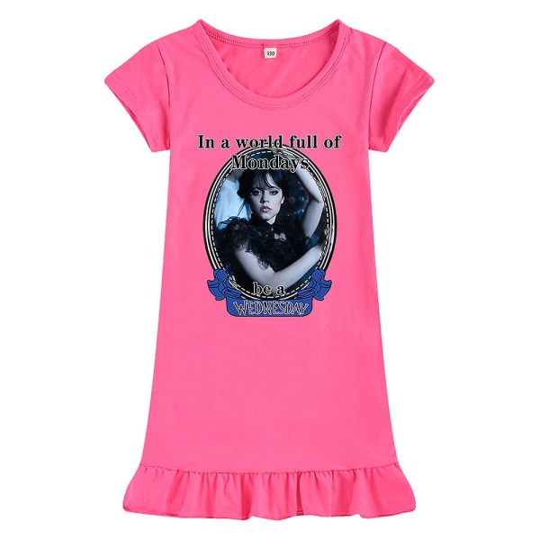 Barn Barn Flickor Onsdag Addams Printed Addams Familjetema Sovklänning Kortärmad sommar Crew Neck Lös rose red 100