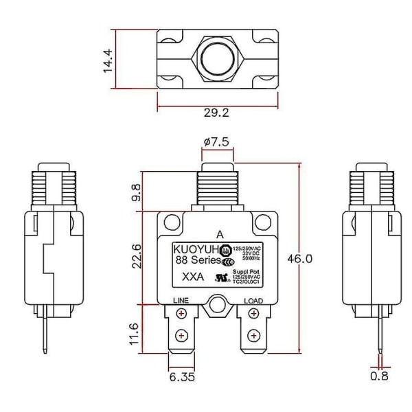 Kuoyuh 88 Serie 5a 10a 15a 20a 25a 30a Automatisk Nulstilling Termisk Overbelastningsbeskyttelsesafbryder Kredsløbsafbryder til Luftkompressor 12a