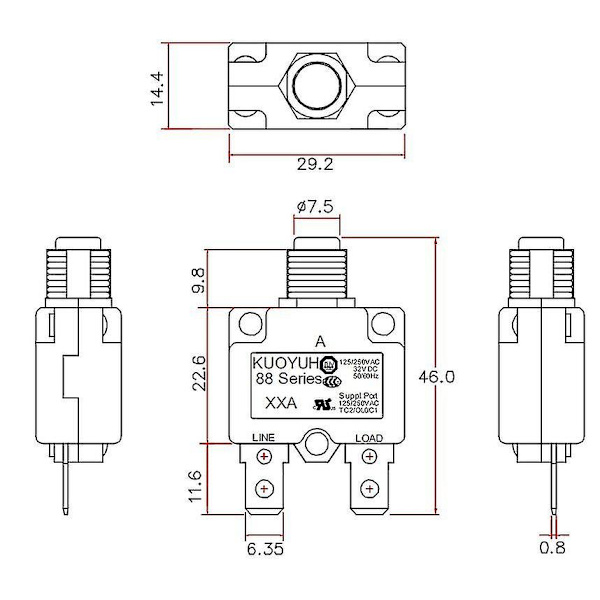 Kuoyuh 88 Serie 5a 10a 15a 20a 25a 30a Automatisk Nulstilling Termisk Overbelastningsbeskyttelsesafbryder Kredsløbsafbryder til Luftkompressor Waterproof Cap