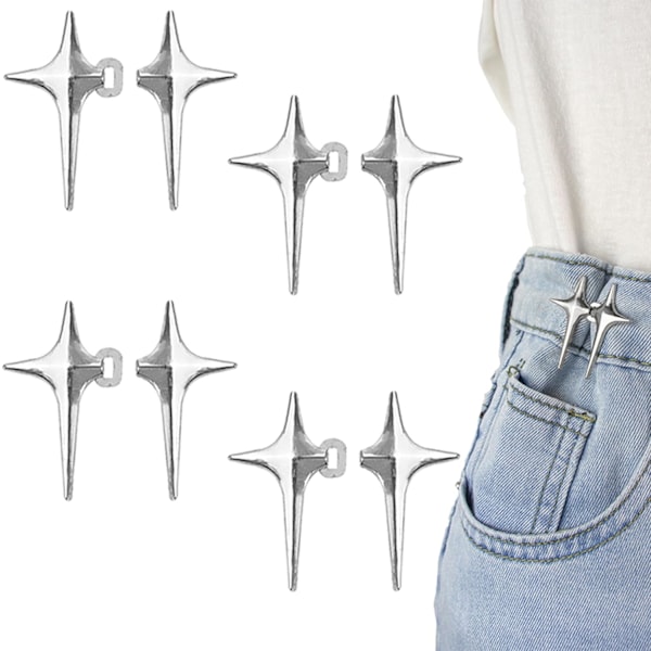 Par Jeans Knapper Pins, Fire Spiss Stjerne Design Stramme Midjeknapper, Justerbar og Syfri Metallbukse Midjestrammer Silver