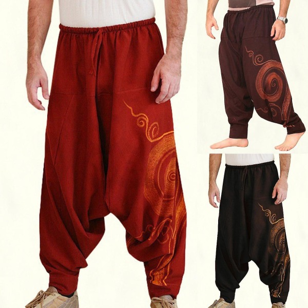 Män Yoga Byxor Bohemia Stil Plisserade Överdimensionerade Special Harem Byxor Red M
