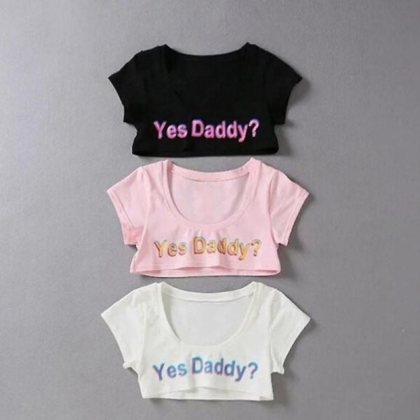 Kvindes T-shirt med bogstavprint, korte ærmer, 'Yes Daddy', afgrødet, løbe-t-shirt White