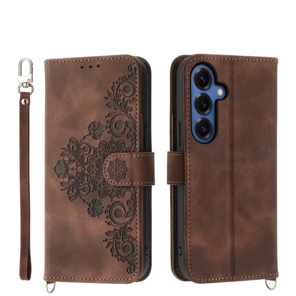 Samsung Galaxy S26 5G Case with Flower Embossing - Leather Case Brun