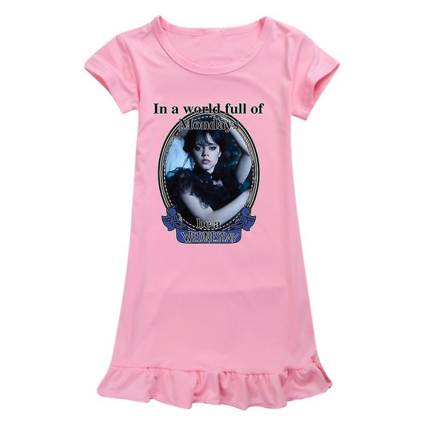 Barn Barn Flickor Onsdag Addams Printed Addams Familjetema Sovklänning Kortärmad sommar Crew Neck Lös pink 100