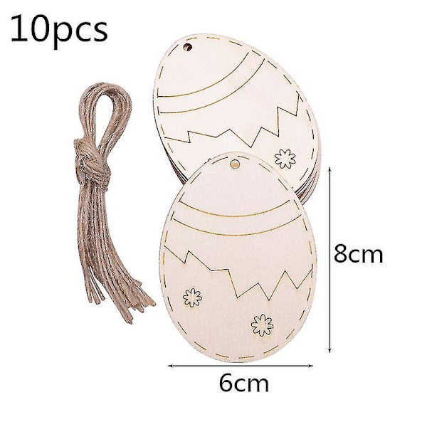 10 stk. Happy Easter treegg med hampetau, kanin, kylling, trehåndverk, kompatibel med hjemmepåskefest, hengende dekor, barn DIY-maling B03-10Pcs