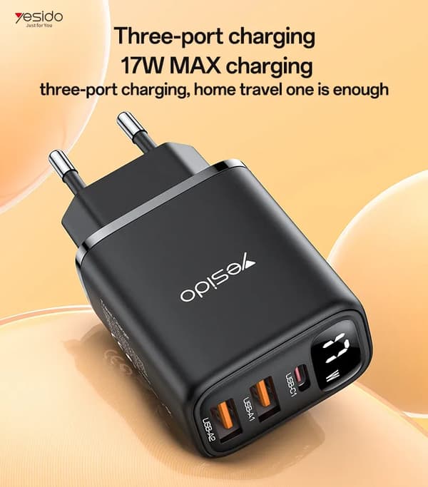 Smart Digital Charger - RNCYN - Three Charging Ports - 17W MAX - Digital Display - Black - EU Compatibility