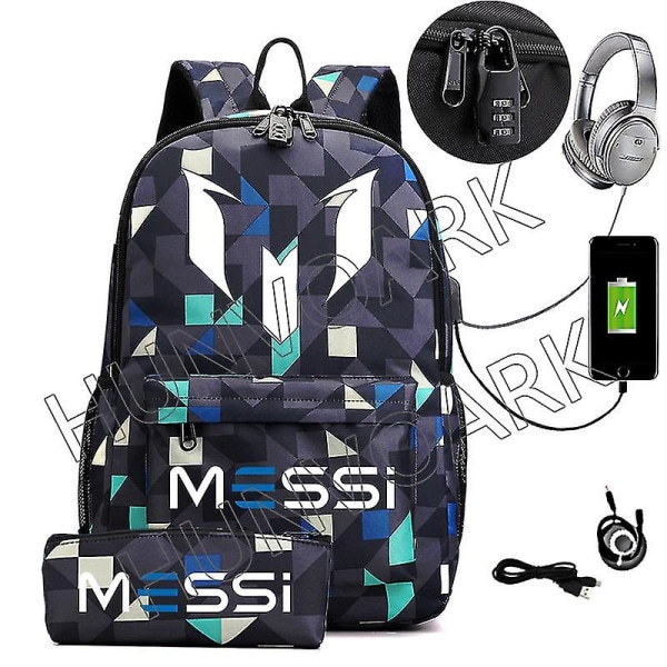 Messi Vattentät Ryggsäck USB-Laddning Casual Reseryggsäck Kvinnor Män Stor Kapacitet Resa Laptop Ryggsäck Skolväska multi