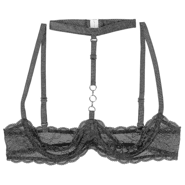 Dame 1/4 Cups Underwire BH Halter Hals O-Ring Gennemsigtig Blondering Push Up BH Lingeri Bryst Åben BH Undertøj Xinmu Black B L