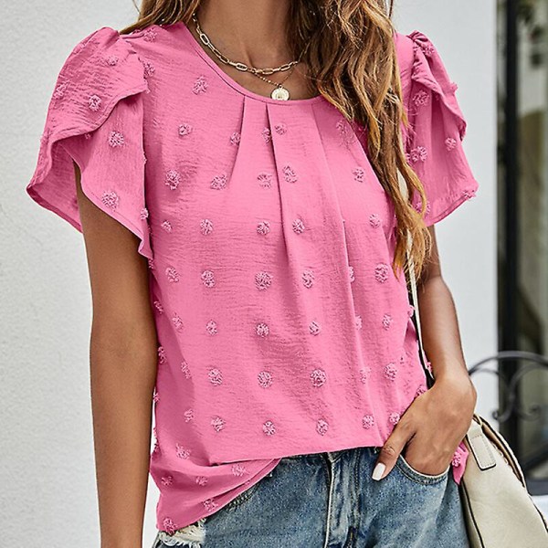 T-shirt dam T-shirt Chiffong med rund halsringning Polka Dots Tunika Blus Casual Petal-sleeve Tee Rose Red M