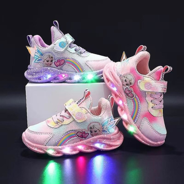 Pige Led Casual Sneakers Elsa Prinsesse Print Udendørs Sko Børn Lysende Anti-Slip Sko Til Forår Og Vinter Pink 30-insole 18.3cm