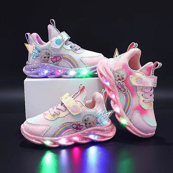Pige Led Casual Sneakers Elsa Prinsesse Print Udendørs Sko Børn Lysende Anti-Slip Sko Til Forår Og Vinter Pink T 23-insole 14.2cm