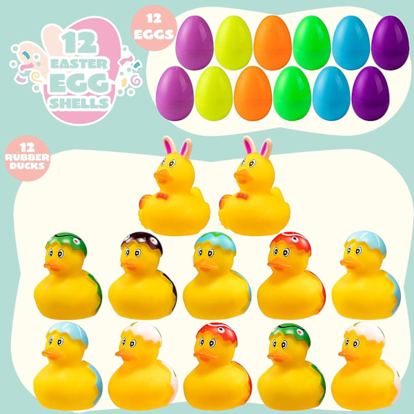 12 stk. Fyldte Påskeæg med Gummiandeunger, Lyse Farverige Påskeæg Forfyldt med forskellige Gule Andeunger til Sjov Badetid_GET IT Gaver hatch duck