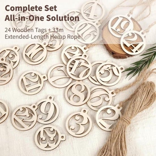 DIY-adventskalender med tretall, julepynt & gavelapper - 1-24 nedtellingstall