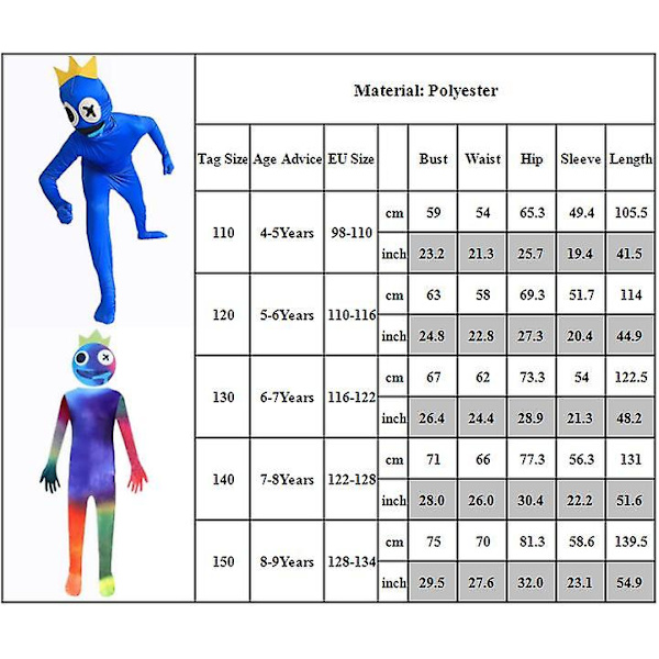4-9-vuotiaille lapsille unisex Rainbow Friends -cosplay-asu Halloween-hyppyasu juhla-asu lahja Multicolor 6-7 Years