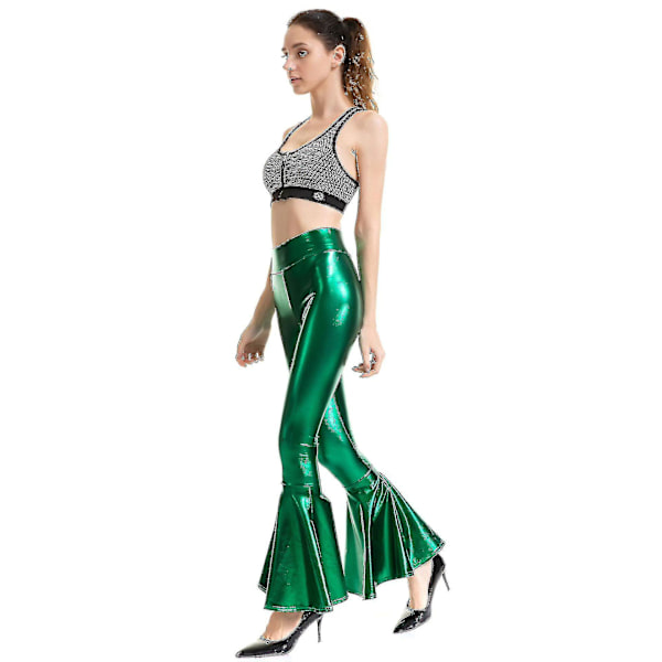 Kvinnors Flared Byxor Mermaid Wide Leg Byxor Hippie Metallic Byxor_fs Green XL