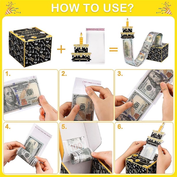 Syntymäpäiväraha-lahjarasia käteisellä, rahalahjalaatikot käteisellä ja ulosvedettävä Hyvää syntymäpäivää -kortti ja 24 kpl läpinäkyviä laukkuja Black