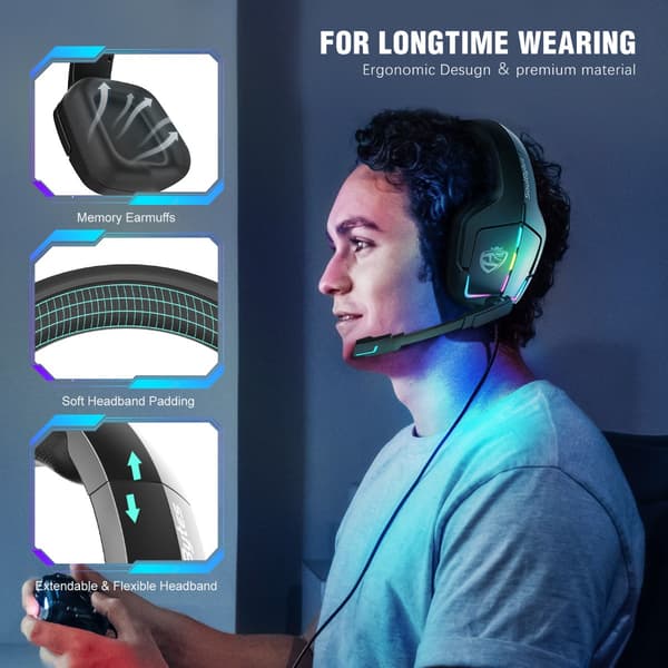 Wired Gaming Headset Black RGB Lighting with 3.5mm Single Plug and Y-Splitter Audio Cable, Compatible with PS4, PS5, Xbox, Nintendo Switch 510