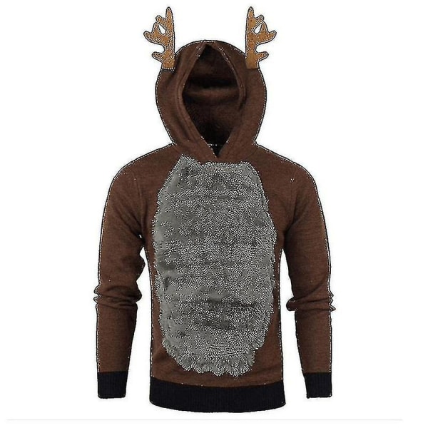 Mænd Christmas Hættetrøje Jumper Toppe Xmas Rudolph Reindeer Pullover Sweatshirt Coffee Grey 2XL