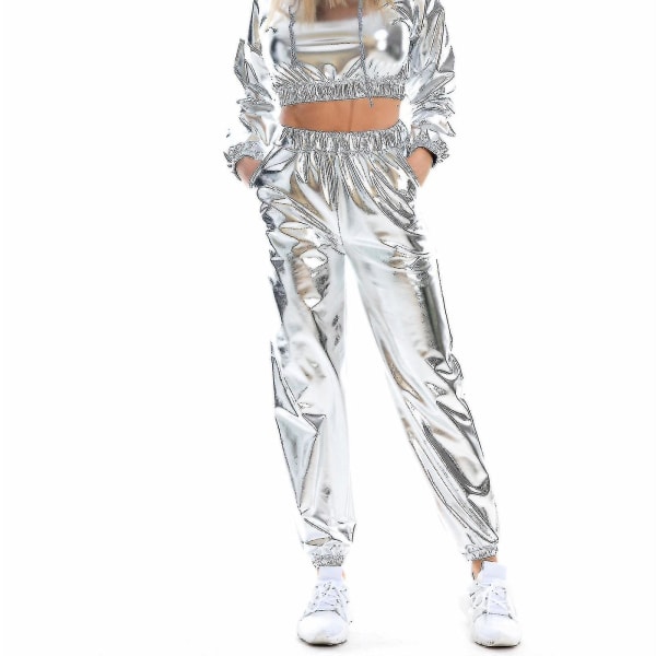 Naisten muoti holografiset Streetwear Club Cool Shiny Causal Pants Silver L