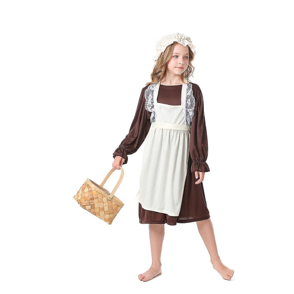 Uuden lapsen tytön köyhän tytön orponaamiaismekko -asu Viktoriaaninen köyhän tytön puku Brown-beige L